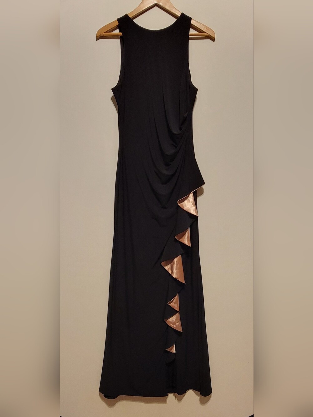 Betsy & Adam Black Maxi Women Dress with Copper Satin Ruffle Trim Size 12
